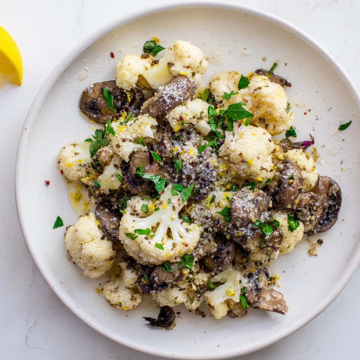 Garlic Cauliflower Mushroom Skillet: Golden florets and sliced mushrooms gleam in the pan.