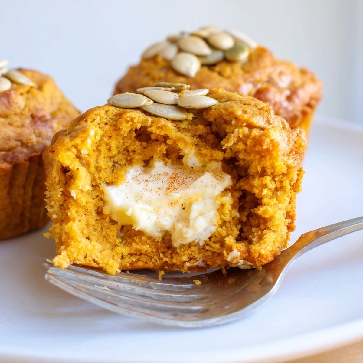 Golden-brown Pumpkin Cream Cheese Muffins, baked to perfection and ready to enjoy.