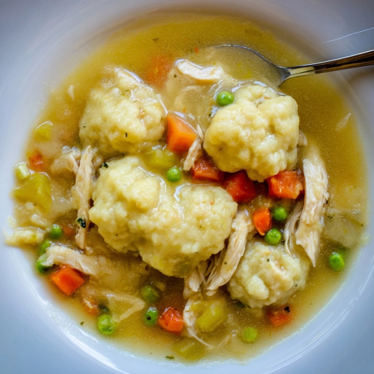 Creamy Chicken and Dumplings: Warm, rustic comfort food, steaming hot and ready to serve.