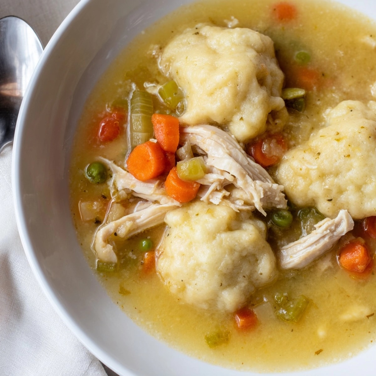 Easy Chicken and Dumplings: Golden dumplings floating in a rich, savory chicken broth.