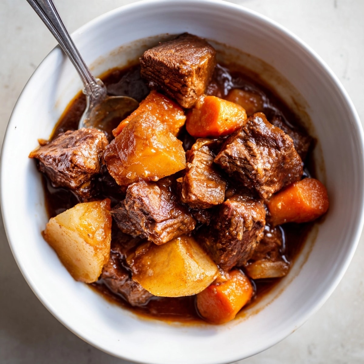 Warm, hearty Pumpkin Harvest Beef Stew with tender beef, ready to serve to family.