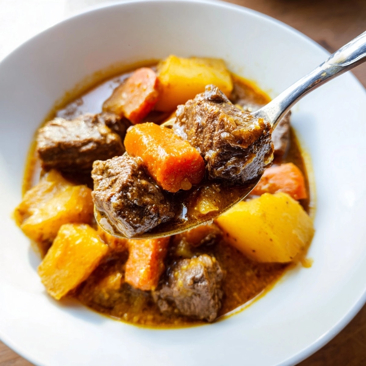 Close-up of savory Pumpkin Harvest Beef Stew; steaming, perfect for a cozy autumn dinner.