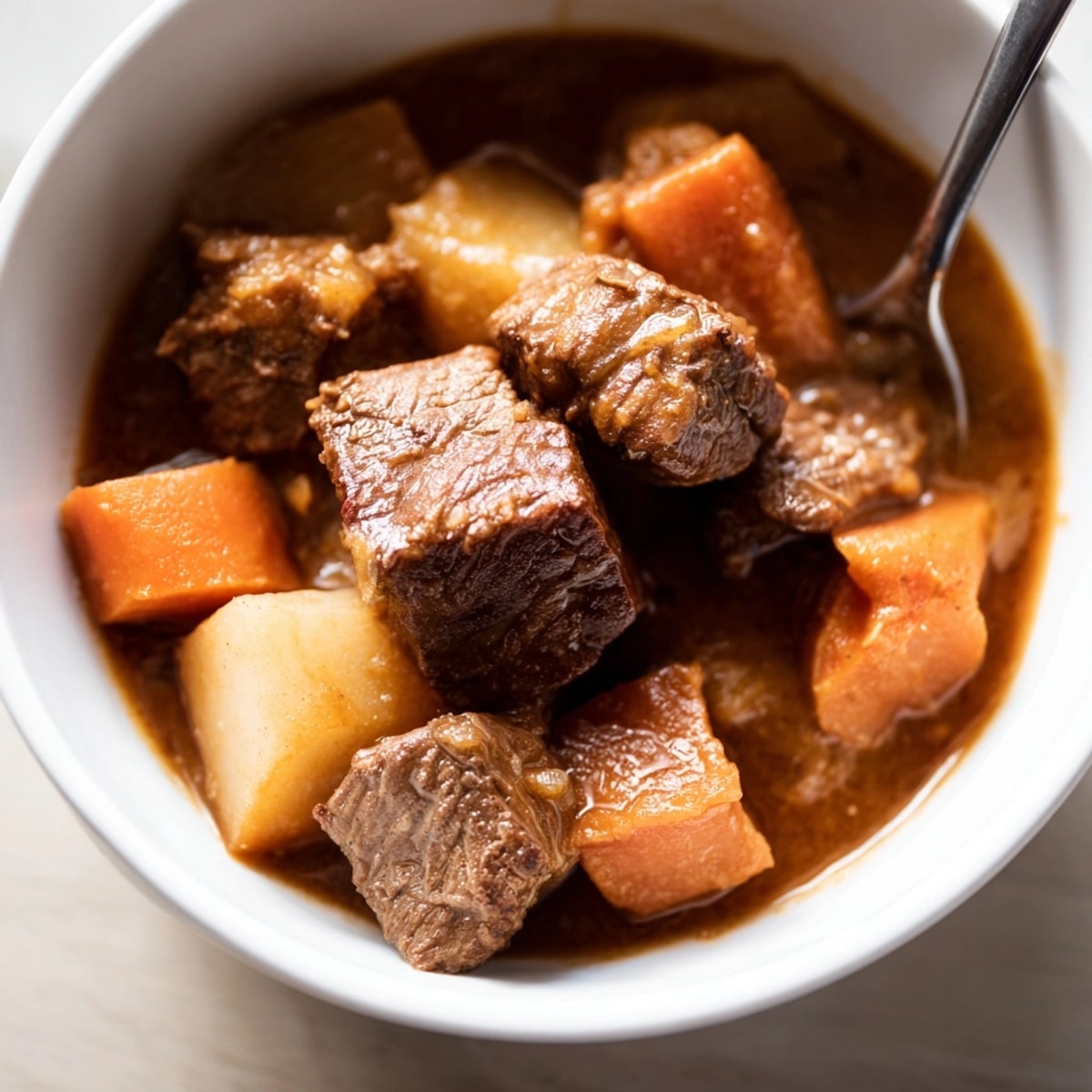 Scoop of fragrant, rich Pumpkin Harvest Beef Stew shows texture of vegetables and beef.