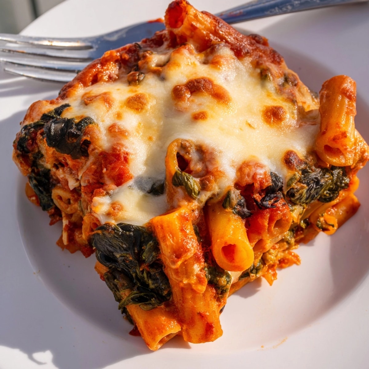 Creamy, cheesy Easy Baked Ziti with spinach: a comforting weeknight dinner recipe.
