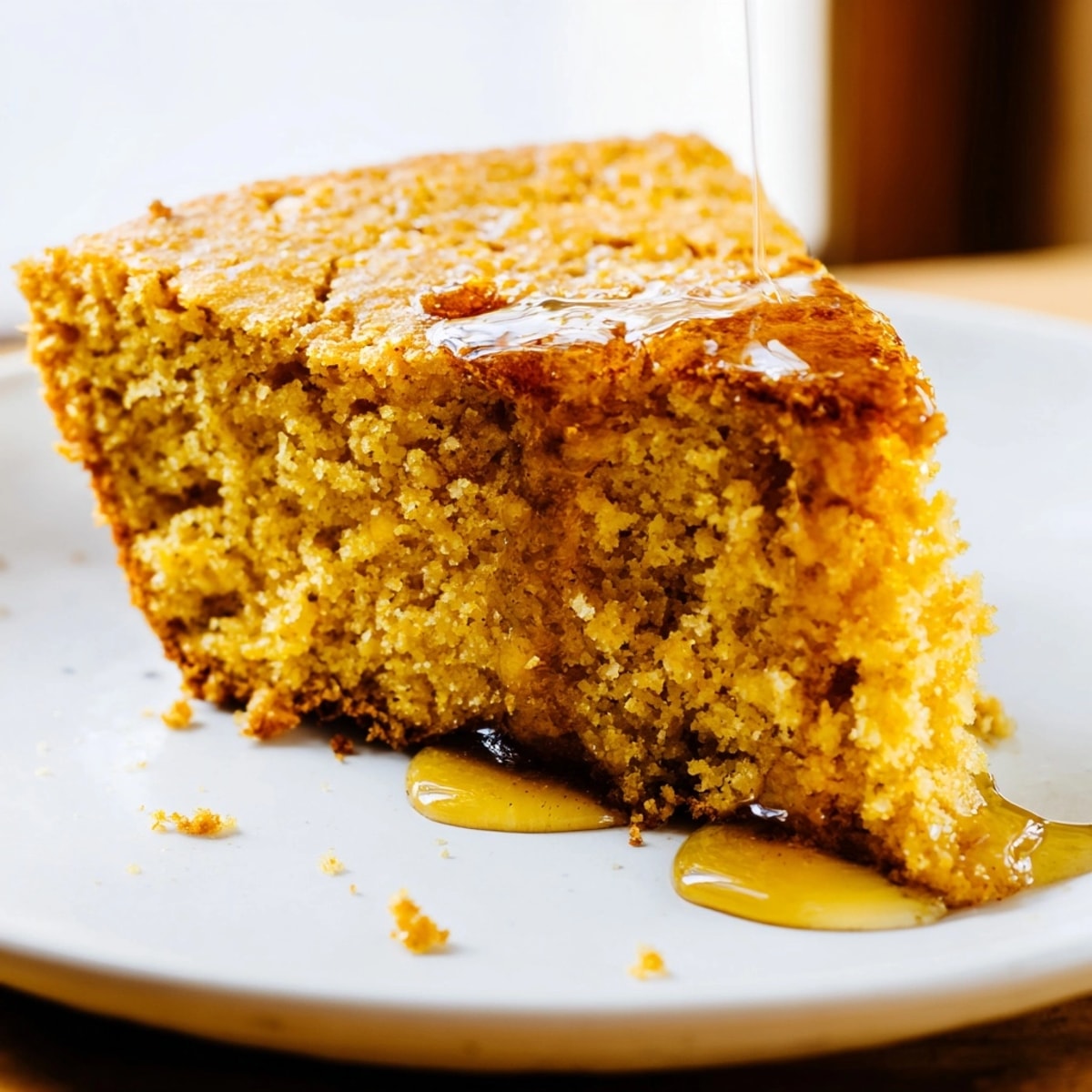 Warm, golden Brown Butter Honey Cornbread, fresh from the oven, glistening with honey.