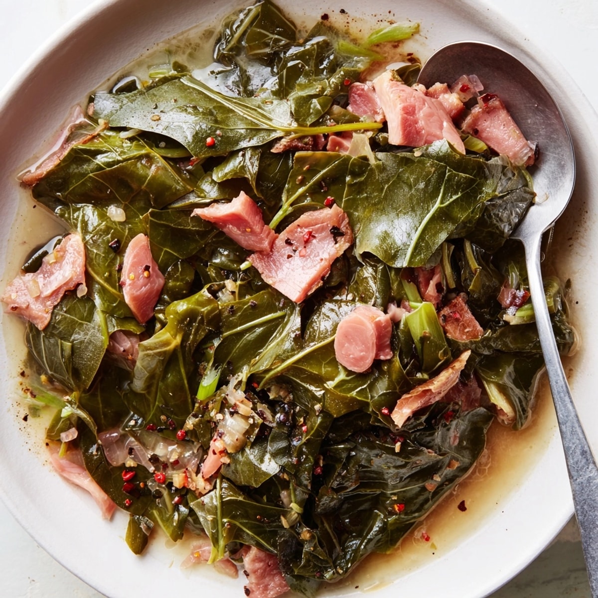 Smoky Southern Collard Greens simmered low and slow, perfect with cornbread and hot sauce.