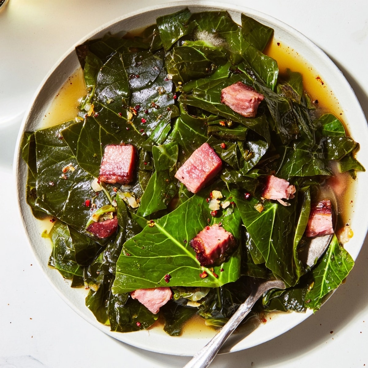 Tender, flavorful Southern Collard Greens recipe, glistening with pot liquor, ready to savor.