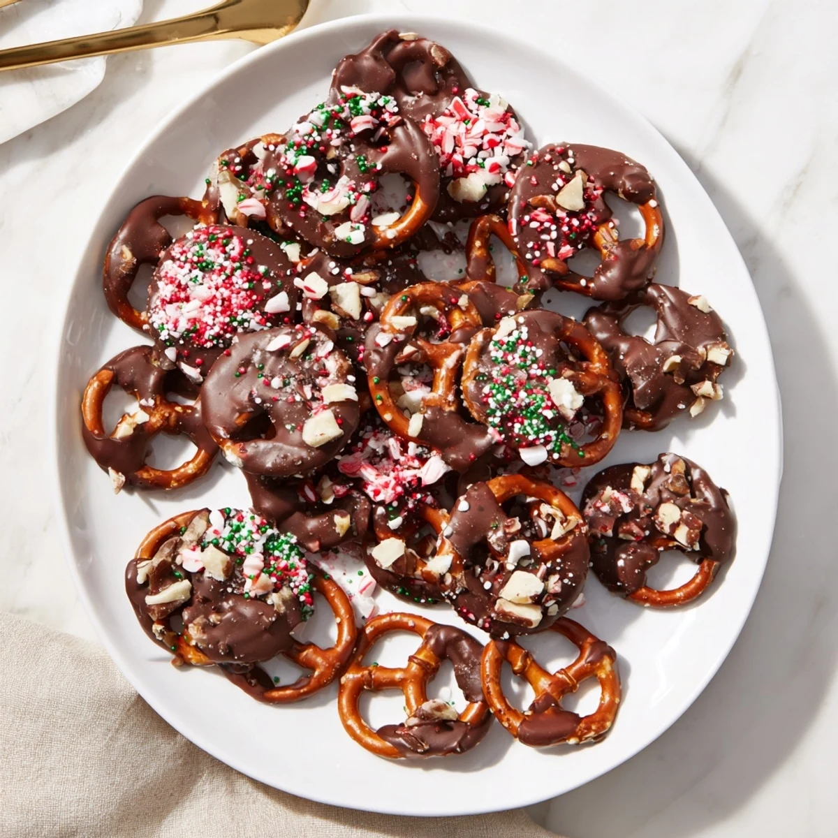 Crisp chocolate pretzel thins adorned with festive sprinkles, perfect for holiday snacking.