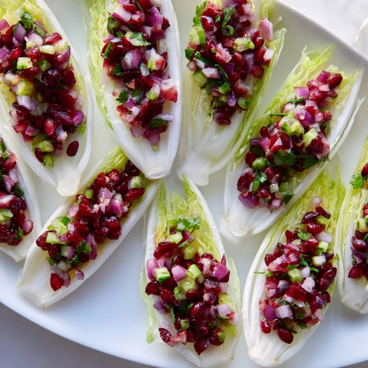 Fresh cranberry jalapeño salsa boats served in crisp endive leaves for a vibrant appetizer.  