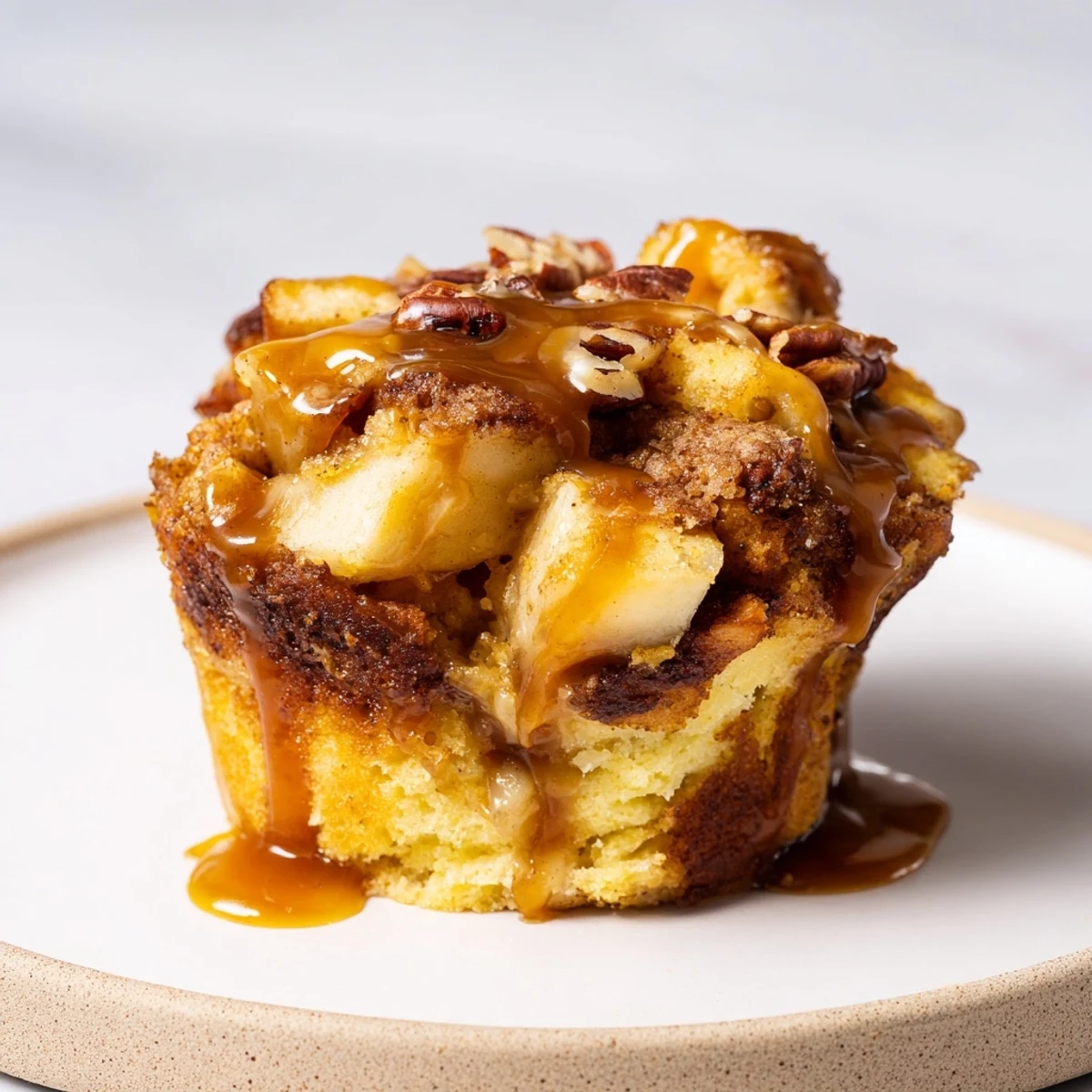 Warm Caramel Apple Bread Pudding Muffins, drizzled with sweet caramel and spices.  