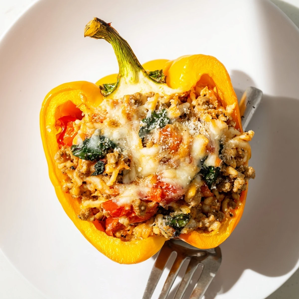Hearty lasagne soup stuffed bell peppers topped with melty cheese for a comforting meal.