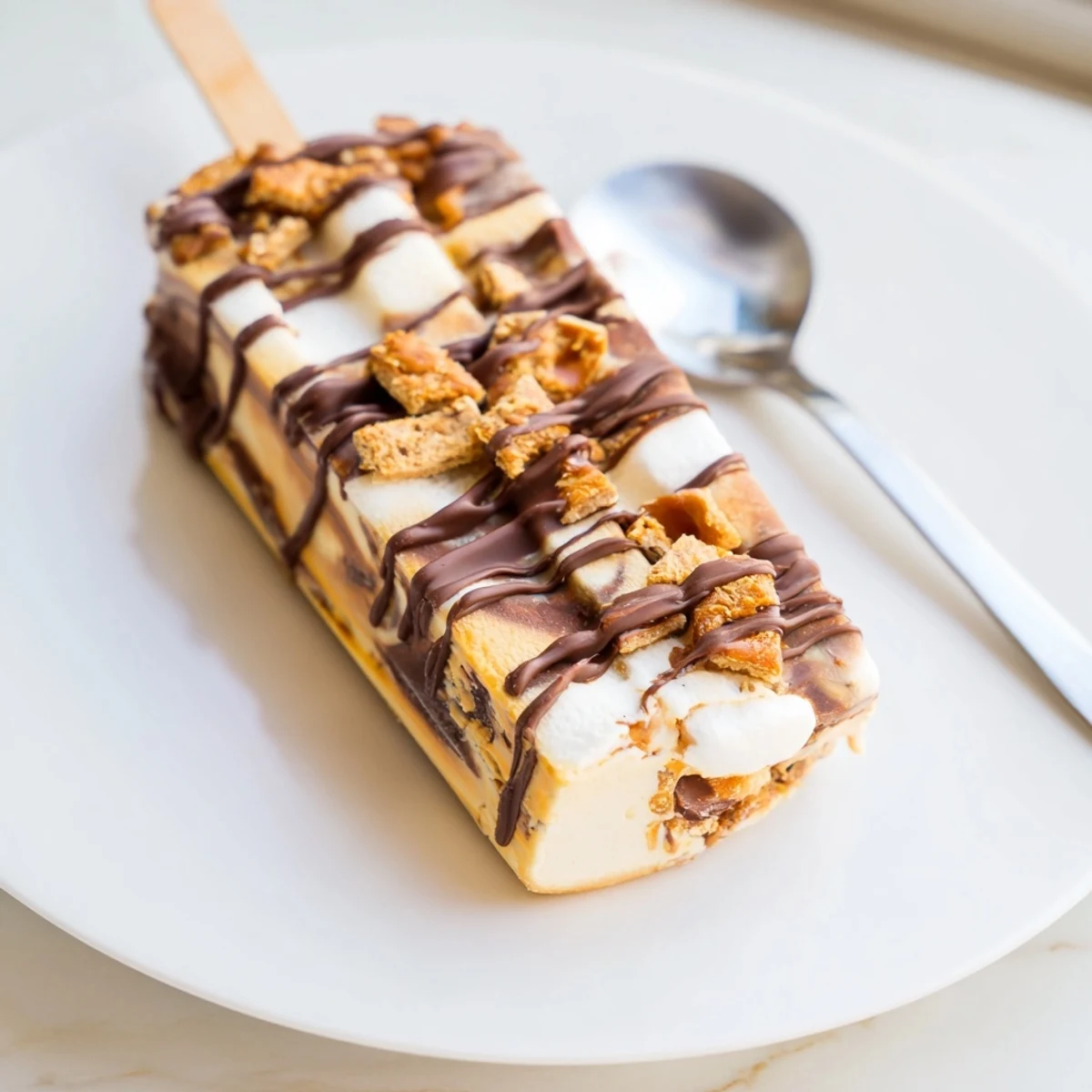 Creamy s'mores pumpkin pretzel fudge pops topped with toasted marshmallows and crunchy layers.  