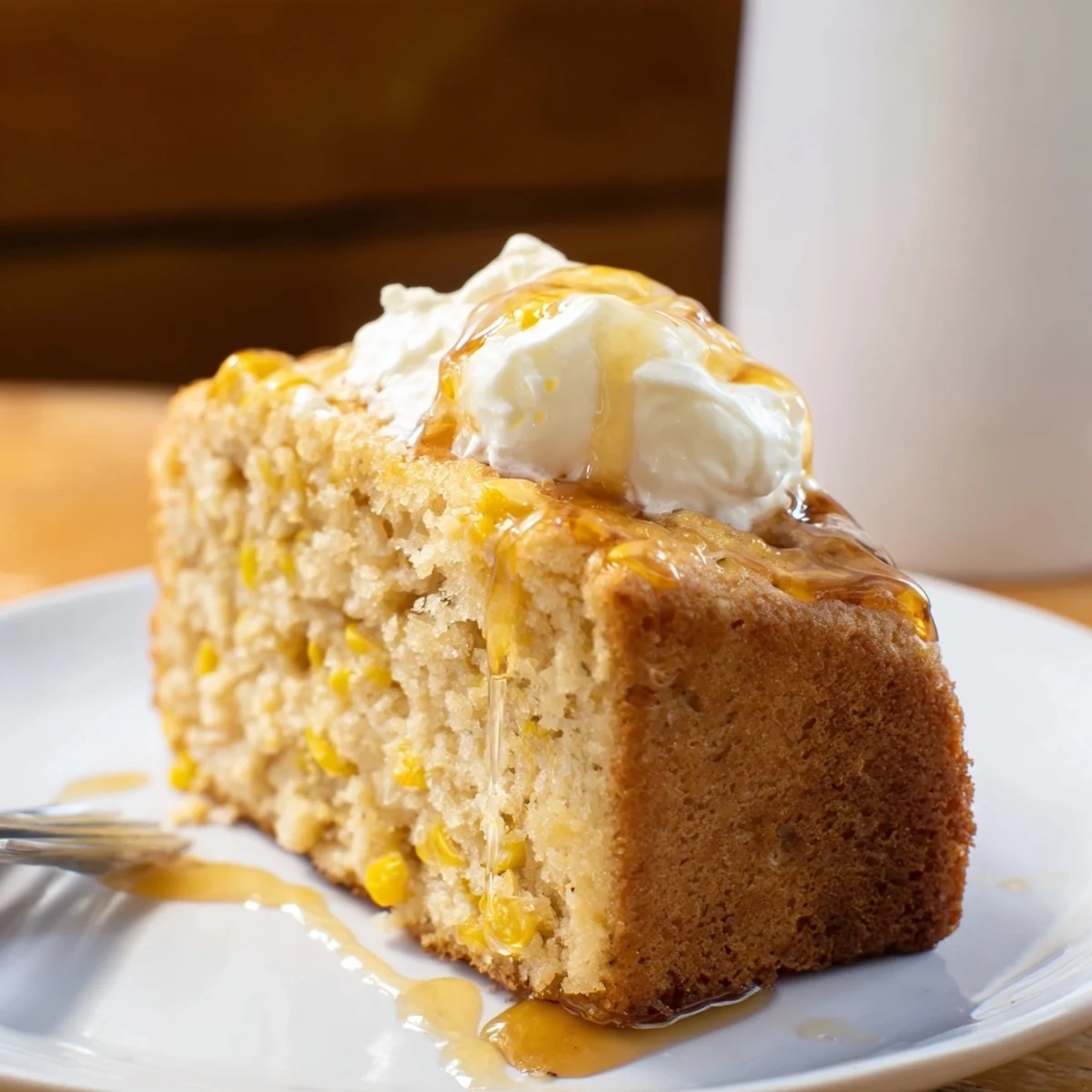 Moist Maple Bourbon Sweet Corn Pancake Loaf topped with whipped cream and maple syrup.  