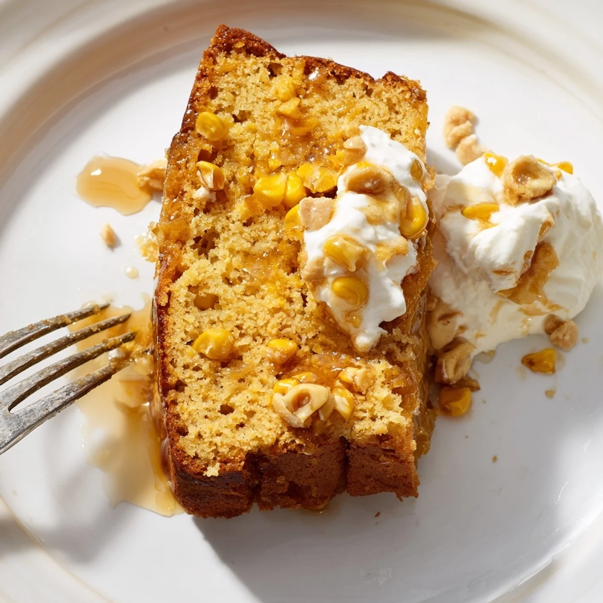 A delicious Maple Bourbon Sweet Corn Pancake Loaf with golden corn kernels and syrupy glaze.  