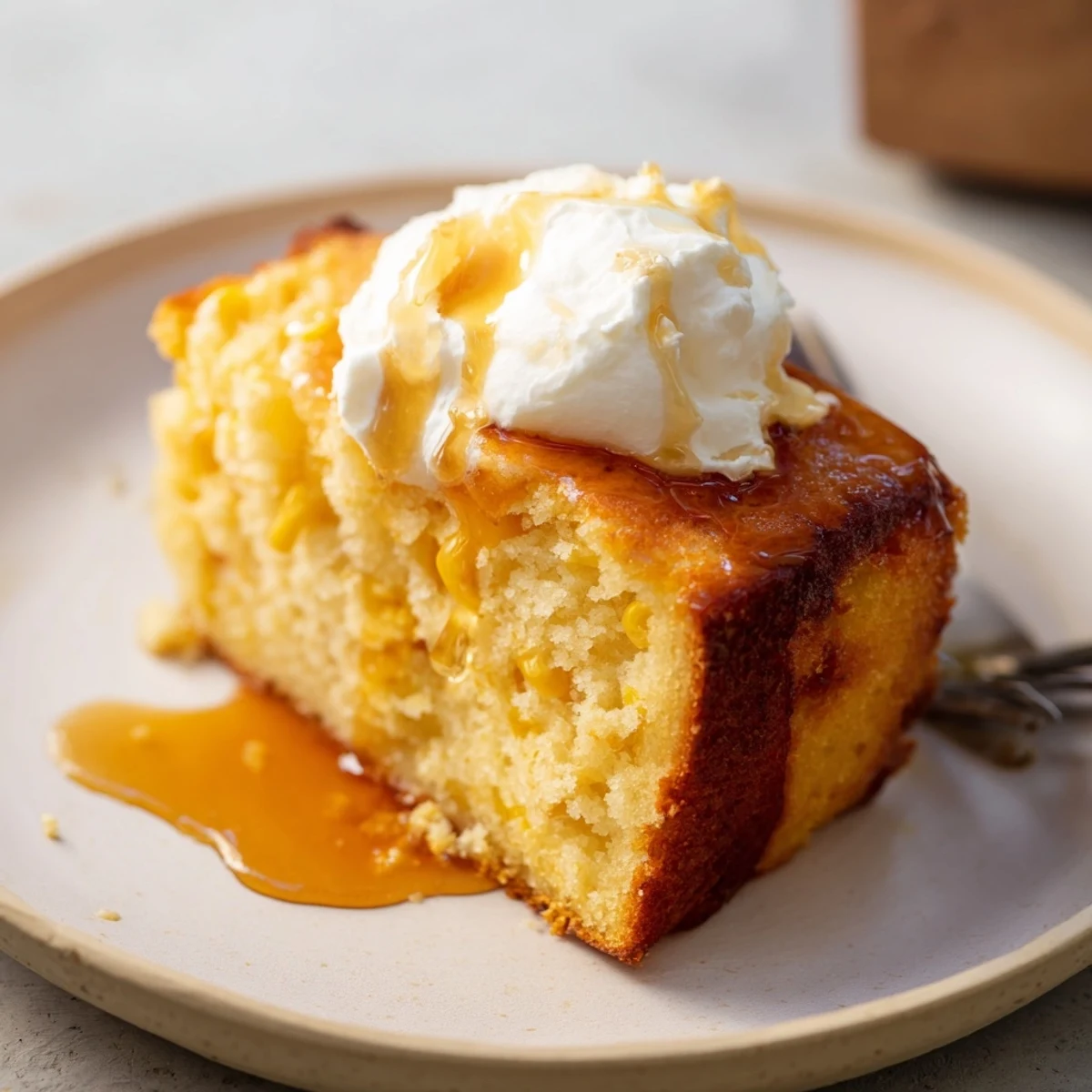 Warm and fragrant Maple Bourbon Sweet Corn Pancake Loaf, perfect for brunch with coffee.