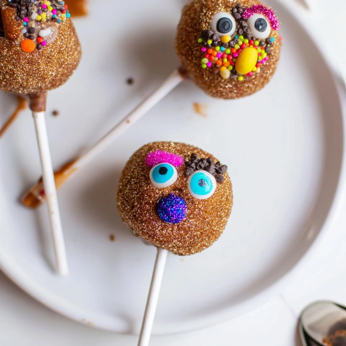 Whimsical Cinnamon Sugar Monster Cake Pops coated in sparkling sugar and candy eyes.