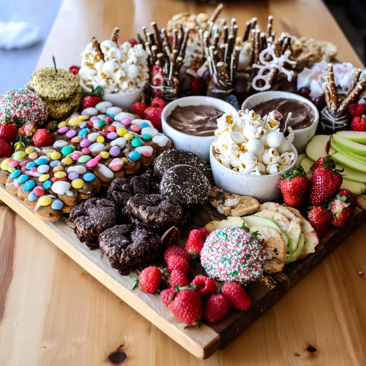 Indulge in a tasty dessert board featuring cookies, fruits, and chocolates.  