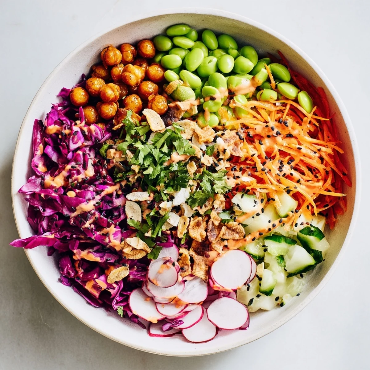 Colorful ASMR Crunch Snack Bowls filled with vibrant veggies and crispy toppings.  