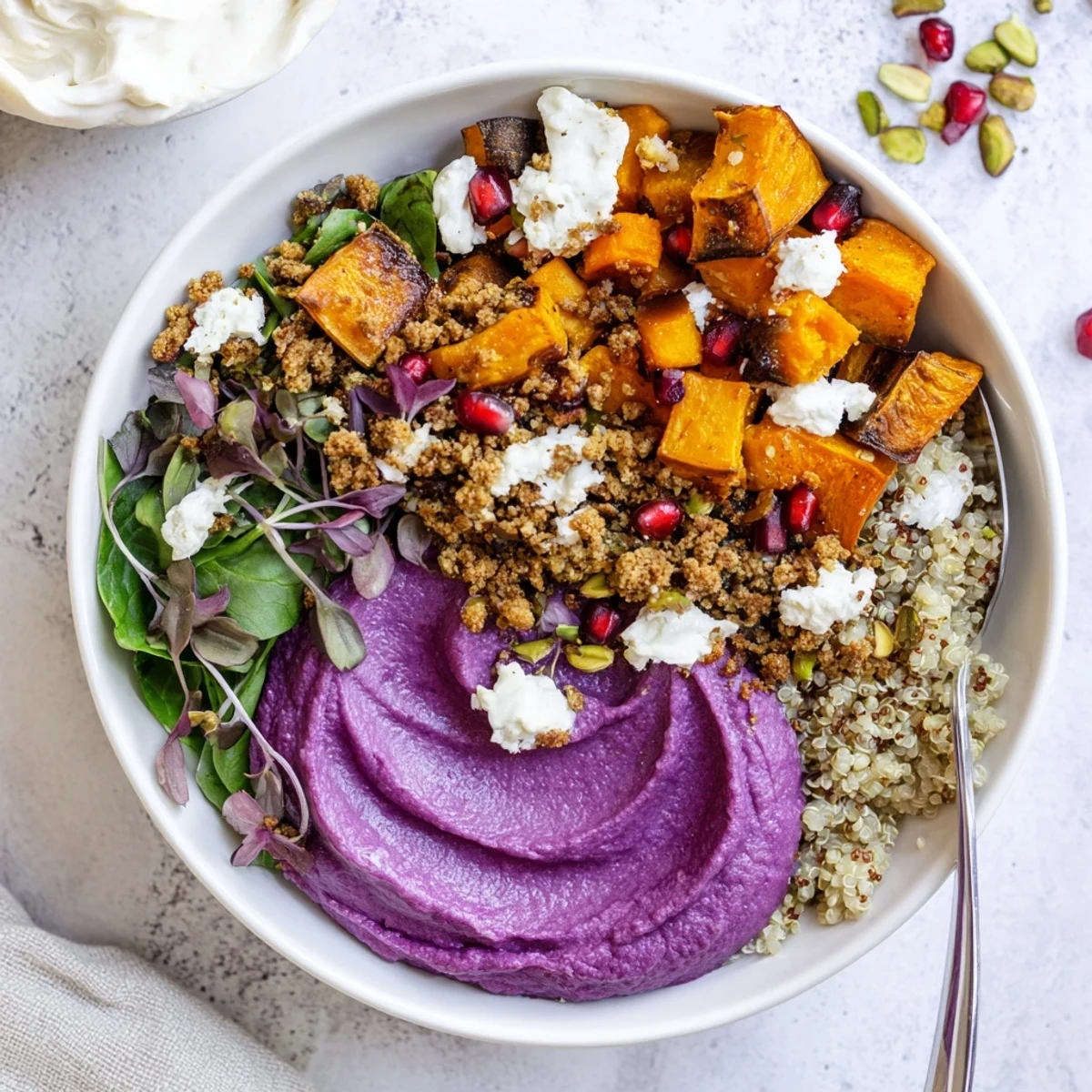 A colorful Spiced Winter Bowl with roasted veggies and ube-coconut purée.  