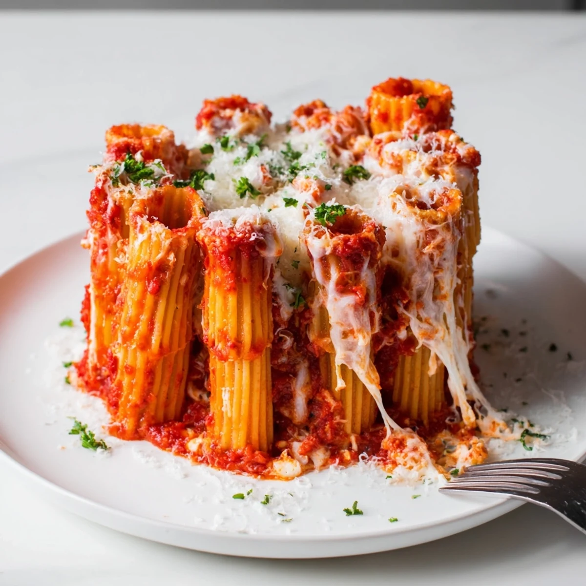 Delicious Honeycomb Pasta Cake topped with golden melted cheese and vibrant parsley.  