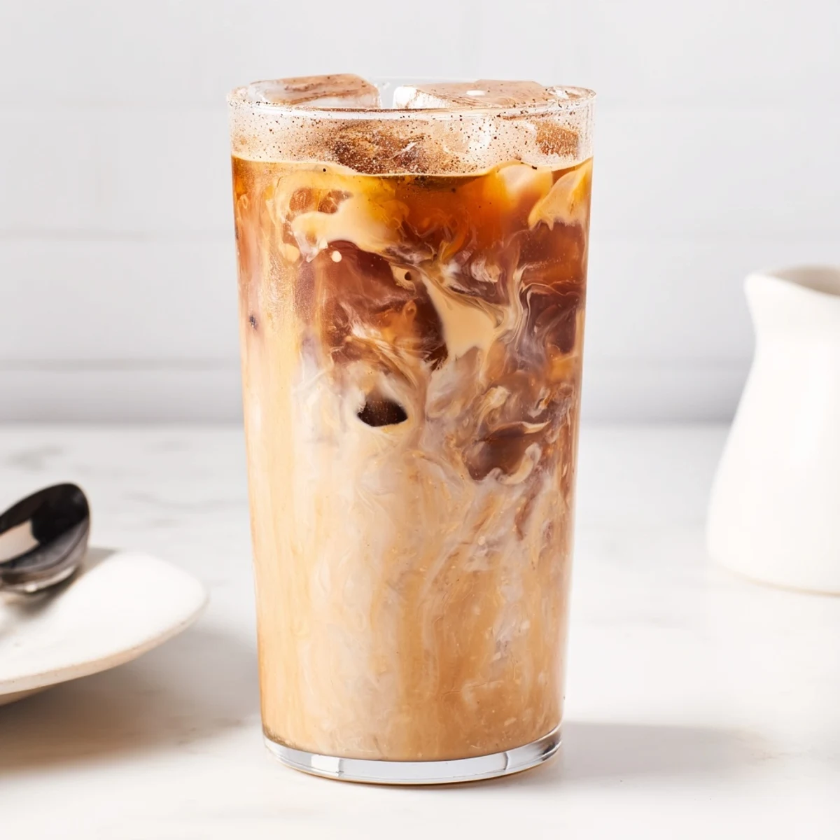Indulgent iced coffee recipe featuring nutty tahini, served over ice for chilling delight.