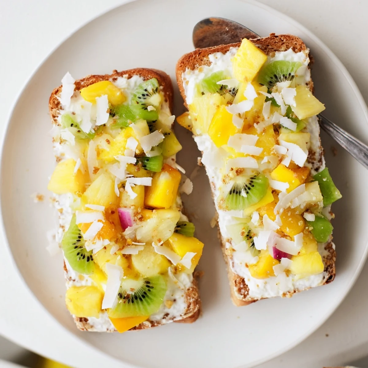 Creamy Yogurt-Custard Toast topped with tropical fruits for a delightful brunch.  