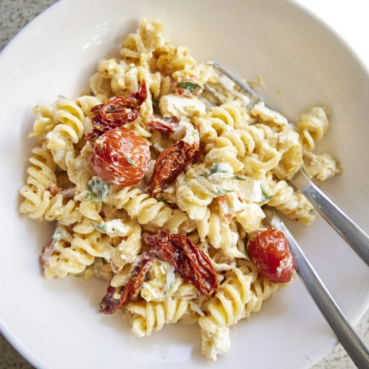 Creamy baked feta pasta topped with caramelised onions and sun-dried tomatoes.  