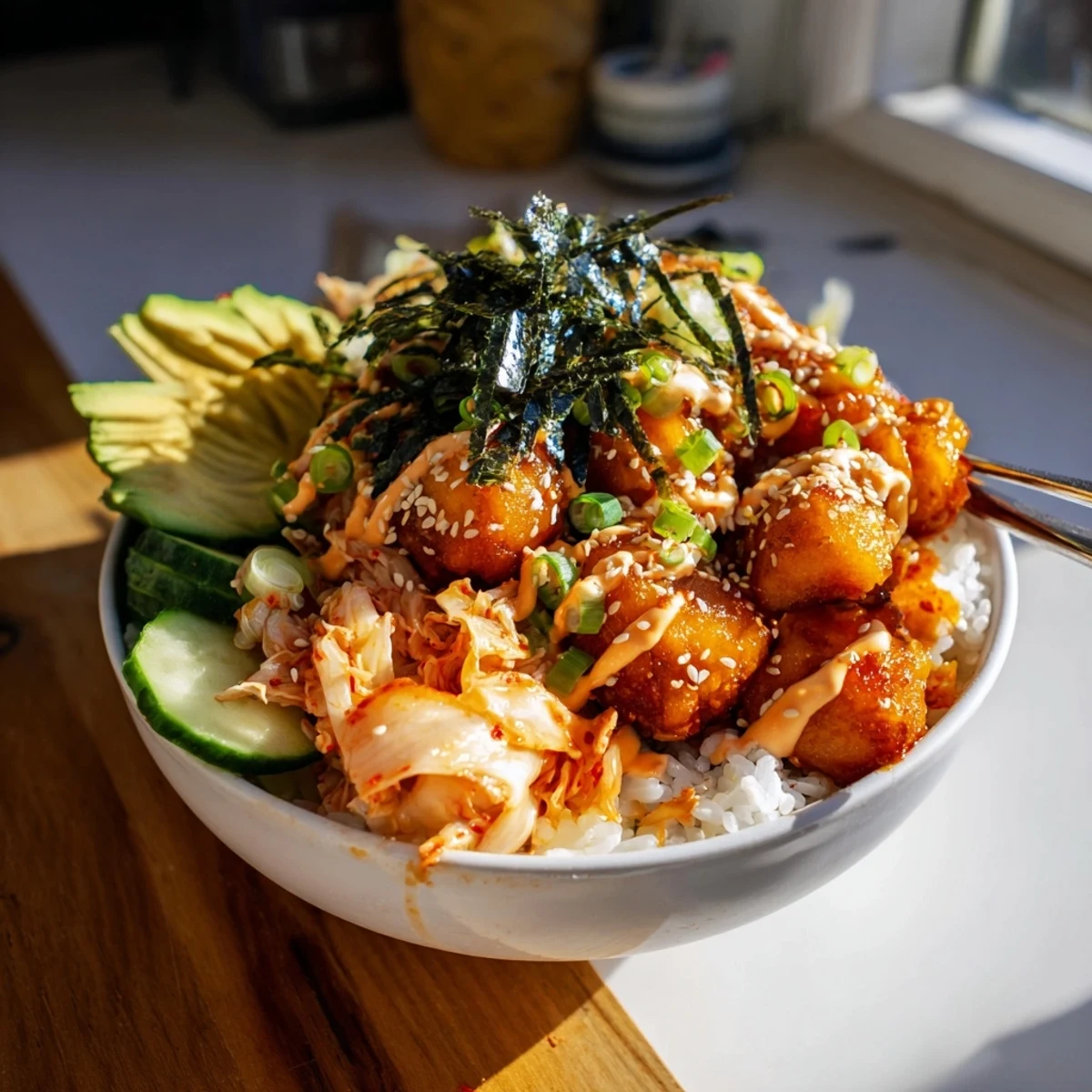 Crispy Salmon Rice Bowl topped with spicy mayo, avocado, and crunchy kimchi.  