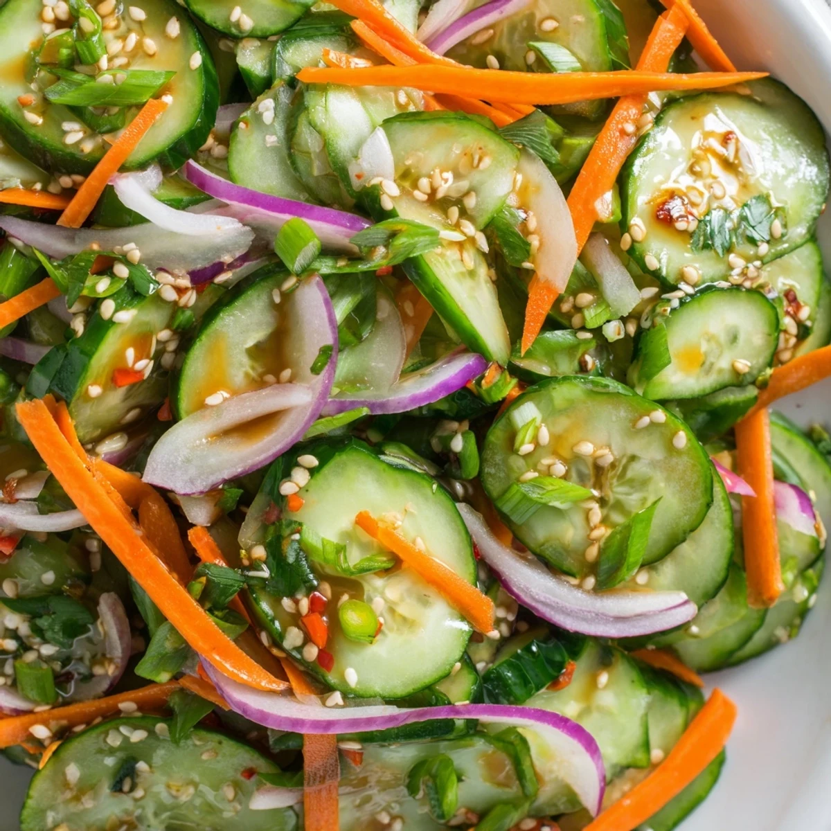 Refreshing cucumber salad remix with vibrant vegetables and sesame dressing served chilled.  