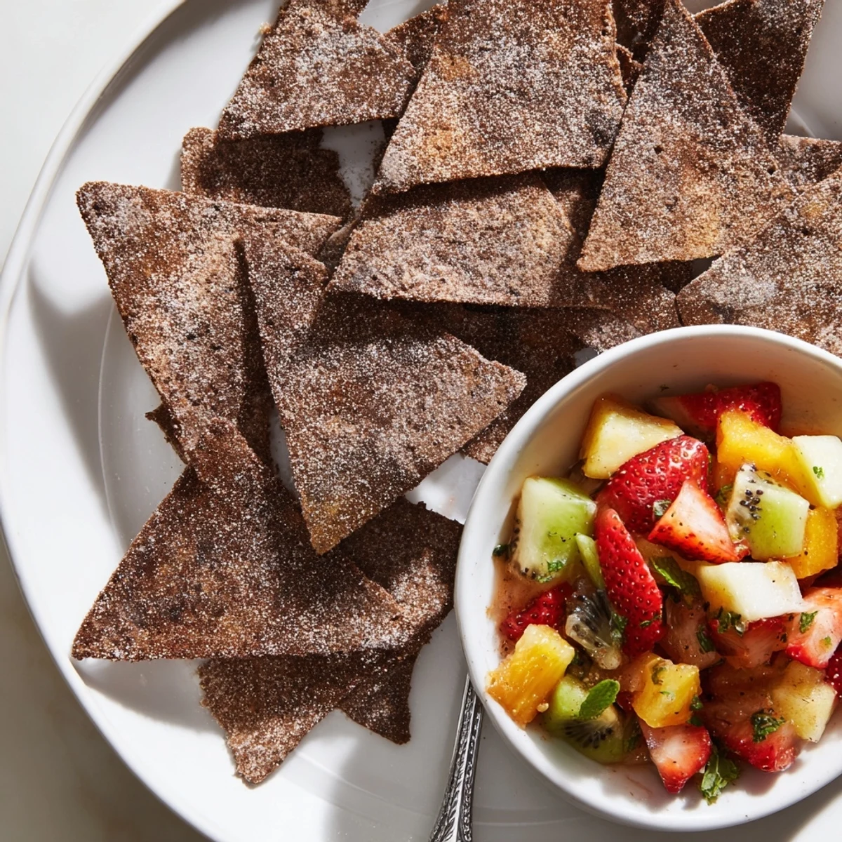 Homemade chocolate chips paired with fresh fruit salsa for an enjoyable finish.