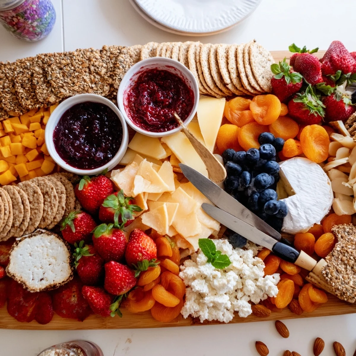 Delicious jam-infused brunch board styled with vibrant fruits and rich cheeses.  