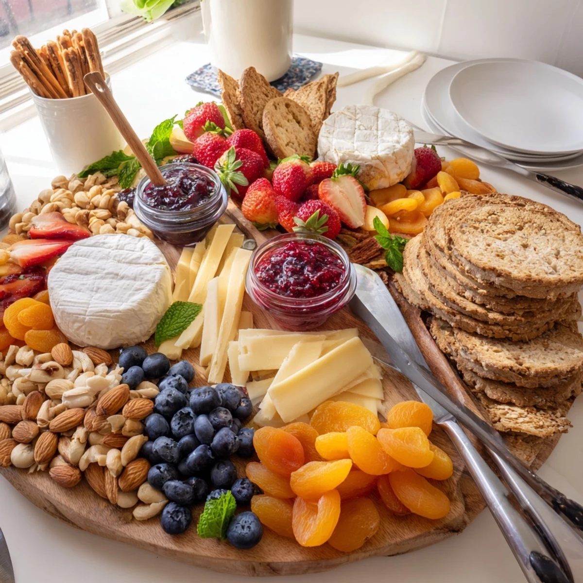 A colorful jam-infused brunch board featuring fruits, cheeses, and artisan breads.  