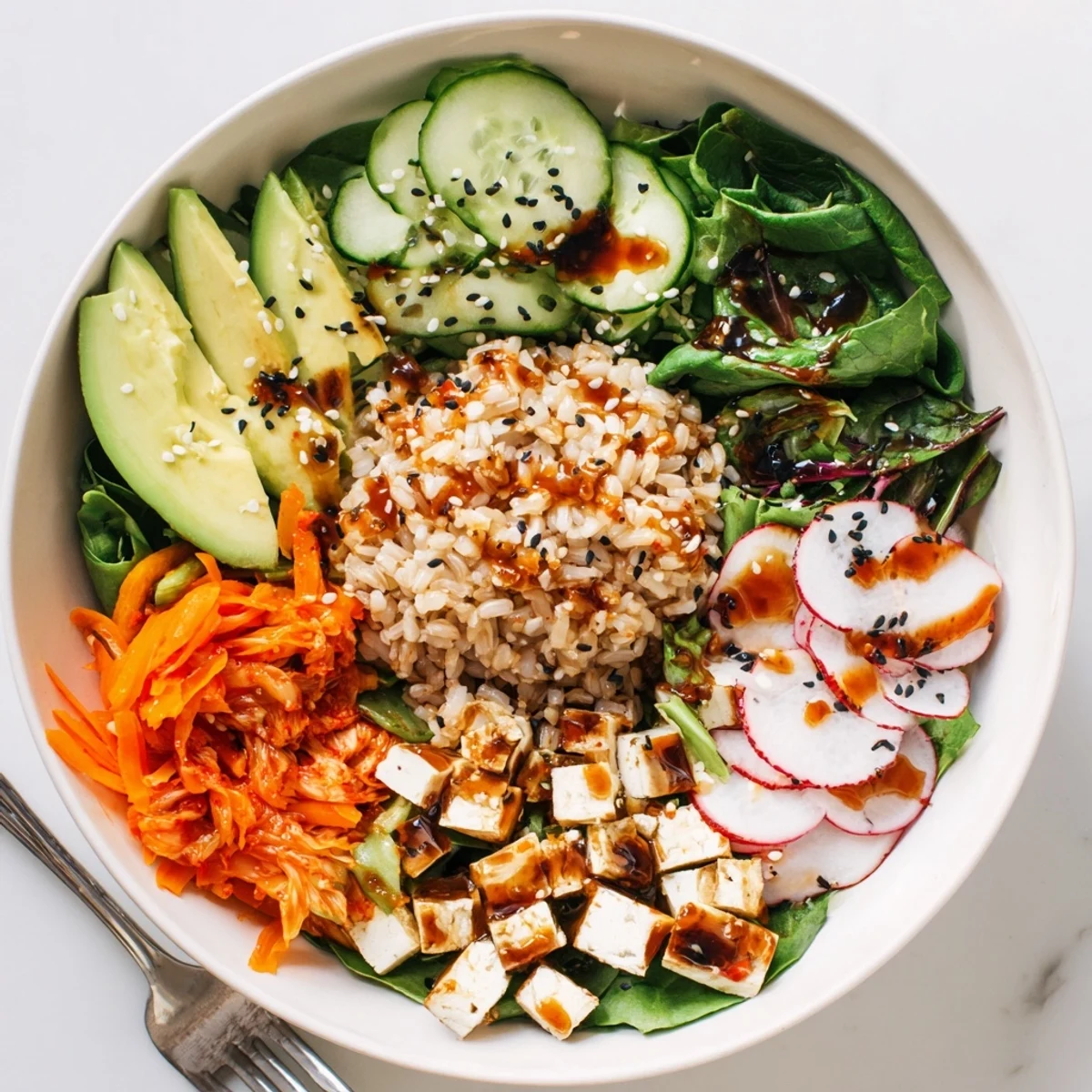 A colorful Fermented Vegetable Bowl filled with tangy kimchi, crisp veggies, and grains.  