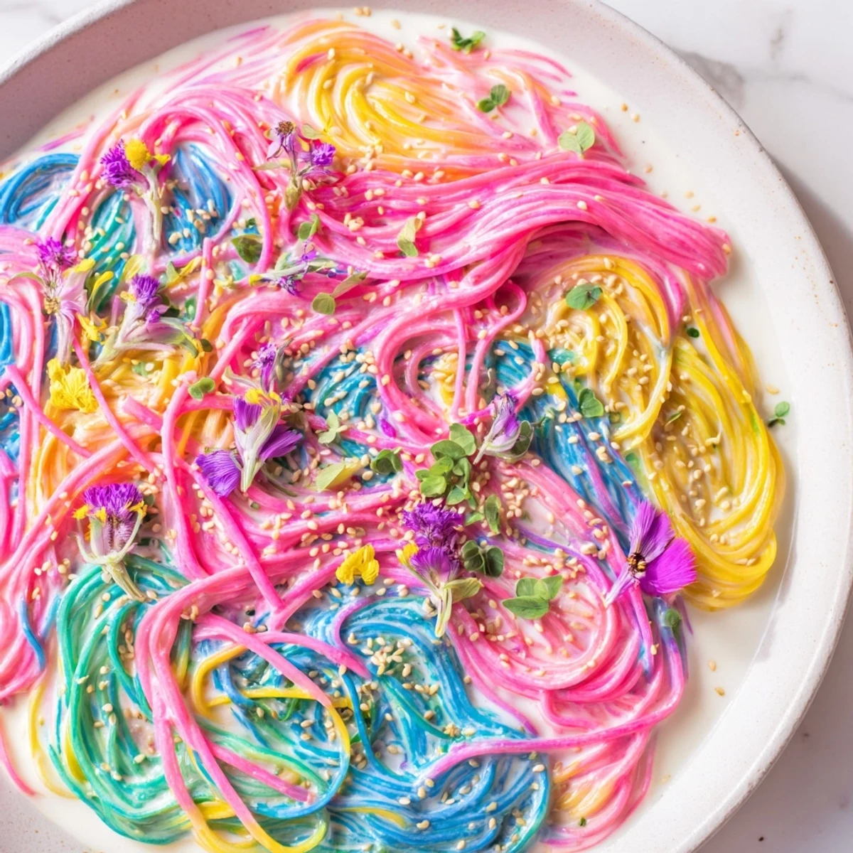 Whimsical Neon Noodle Cloud showcases colorful noodles beneath a luscious creamy cloud.
