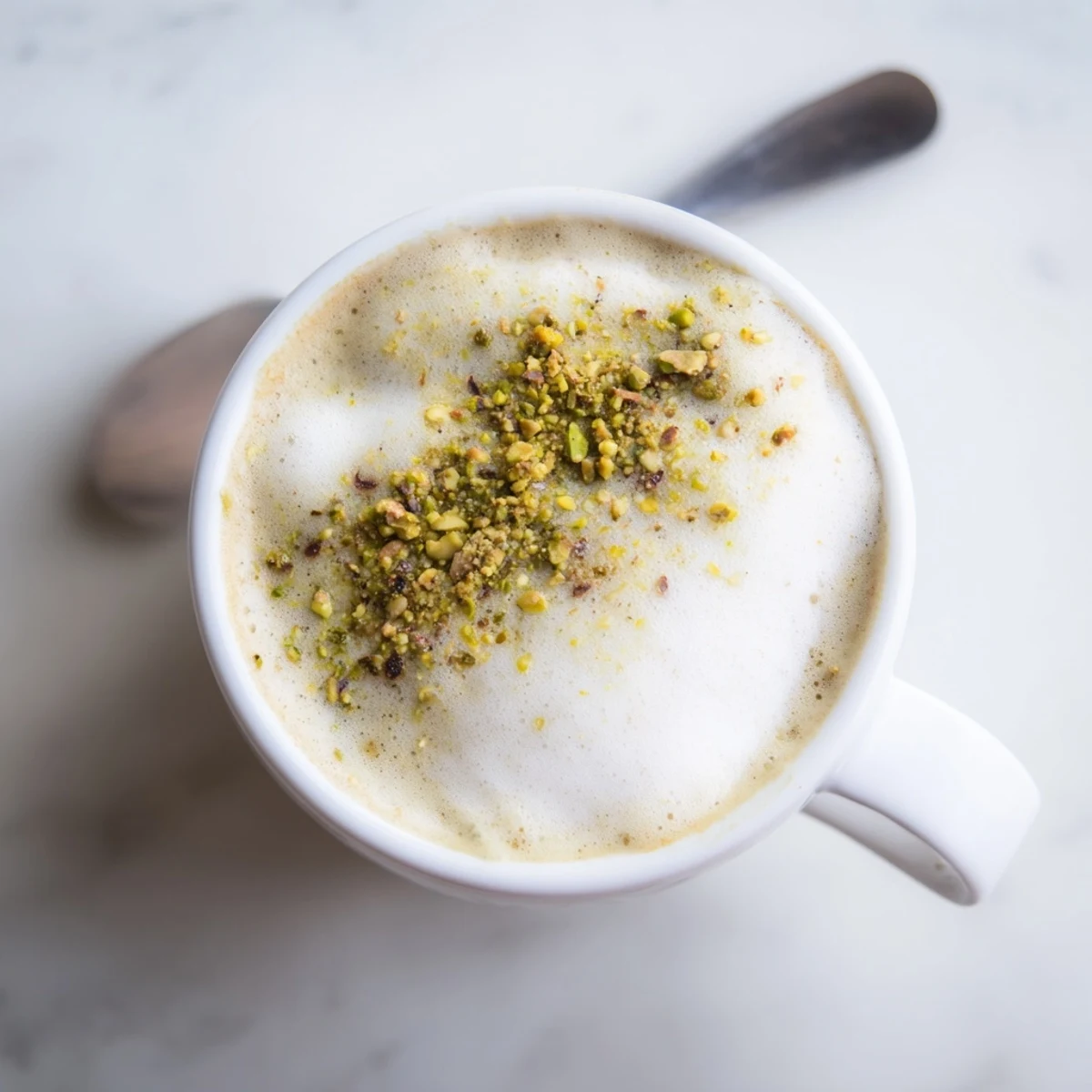 Creamy pistachio milk latte topped with crushed nuts, perfect for coffee lovers.  