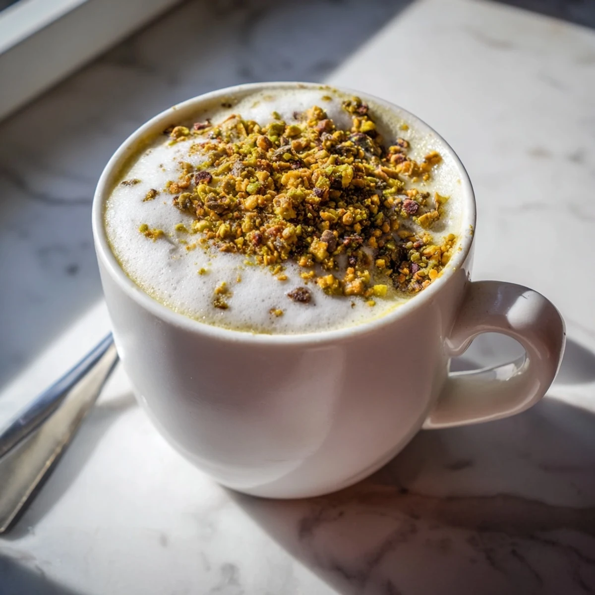 Delicious pistachio milk latte garnished with crushed pistachios, ideal for cozy mornings.