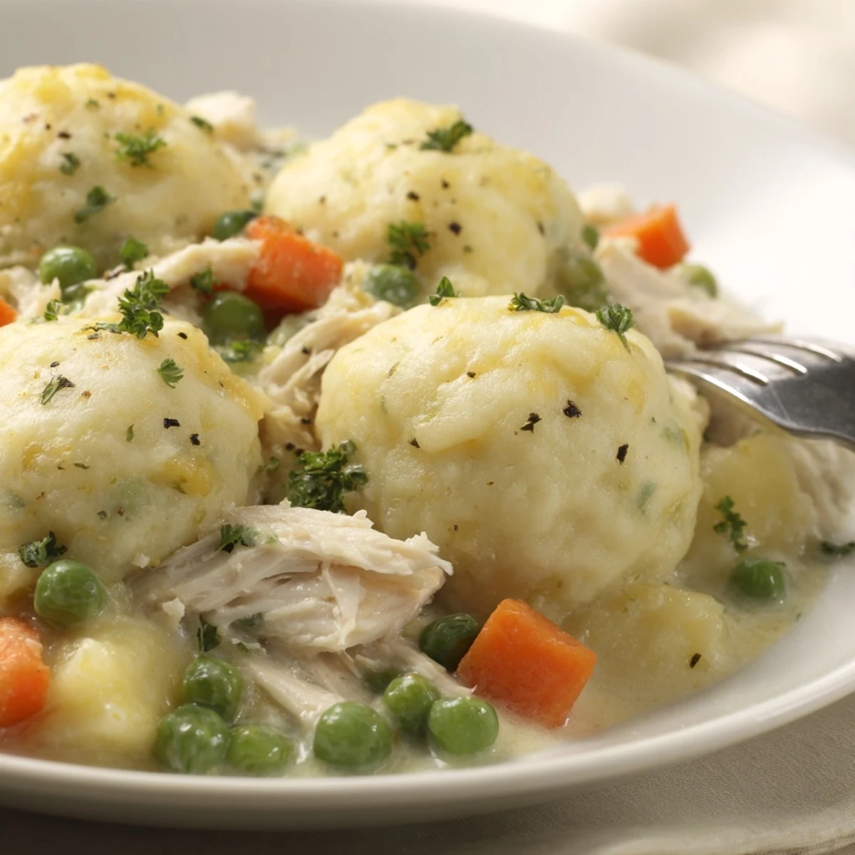 Hearty Chicken and Dumplings Casserole topped with golden, fluffy dumplings and savory chicken filling.  