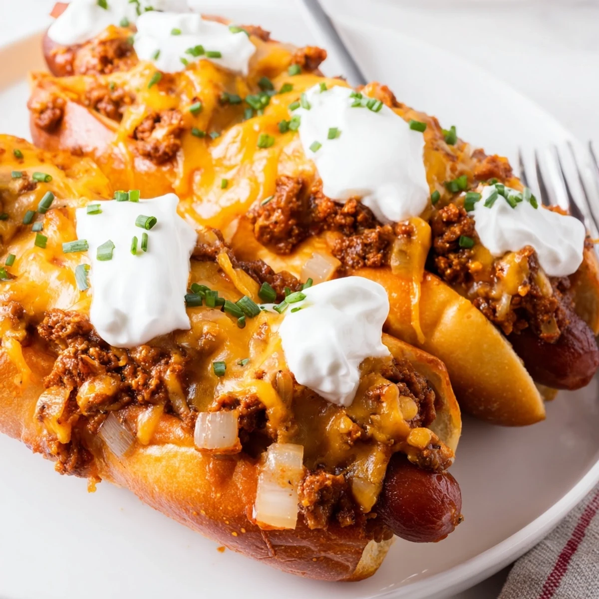 Cheesy Chili Dog Casserole baked to bubbly perfection, great for game day gatherings.  
