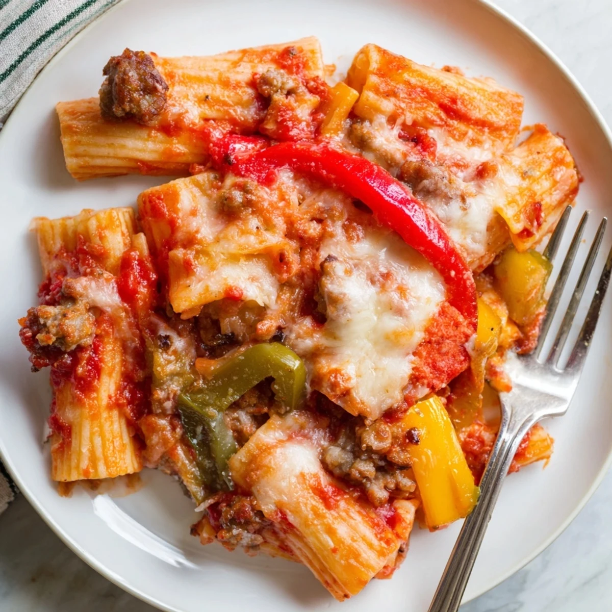 Hearty baked rigatoni with sausage and colorful bell peppers in rich tomato sauce.  