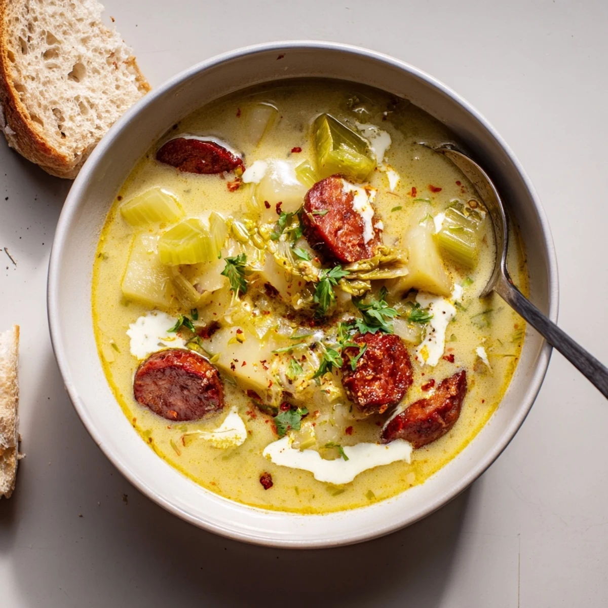 Creamy potato, leek & chorizo soup bowl topped with fresh parsley and crusty bread.  