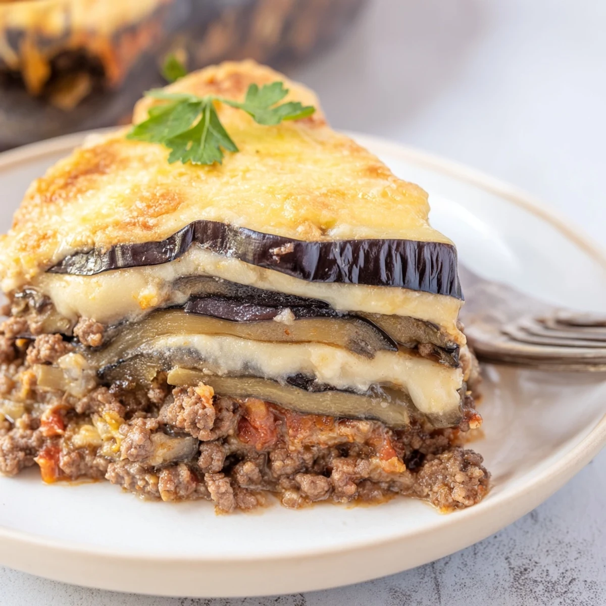 Golden layers of Moussaka with Beef & Eggplant, baked to perfection, await savoring.  