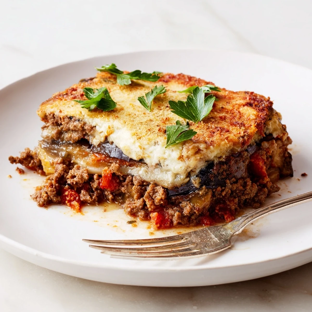 Savor the rich flavors of Moussaka with Beef & Eggplant, a comforting Greek dish.  