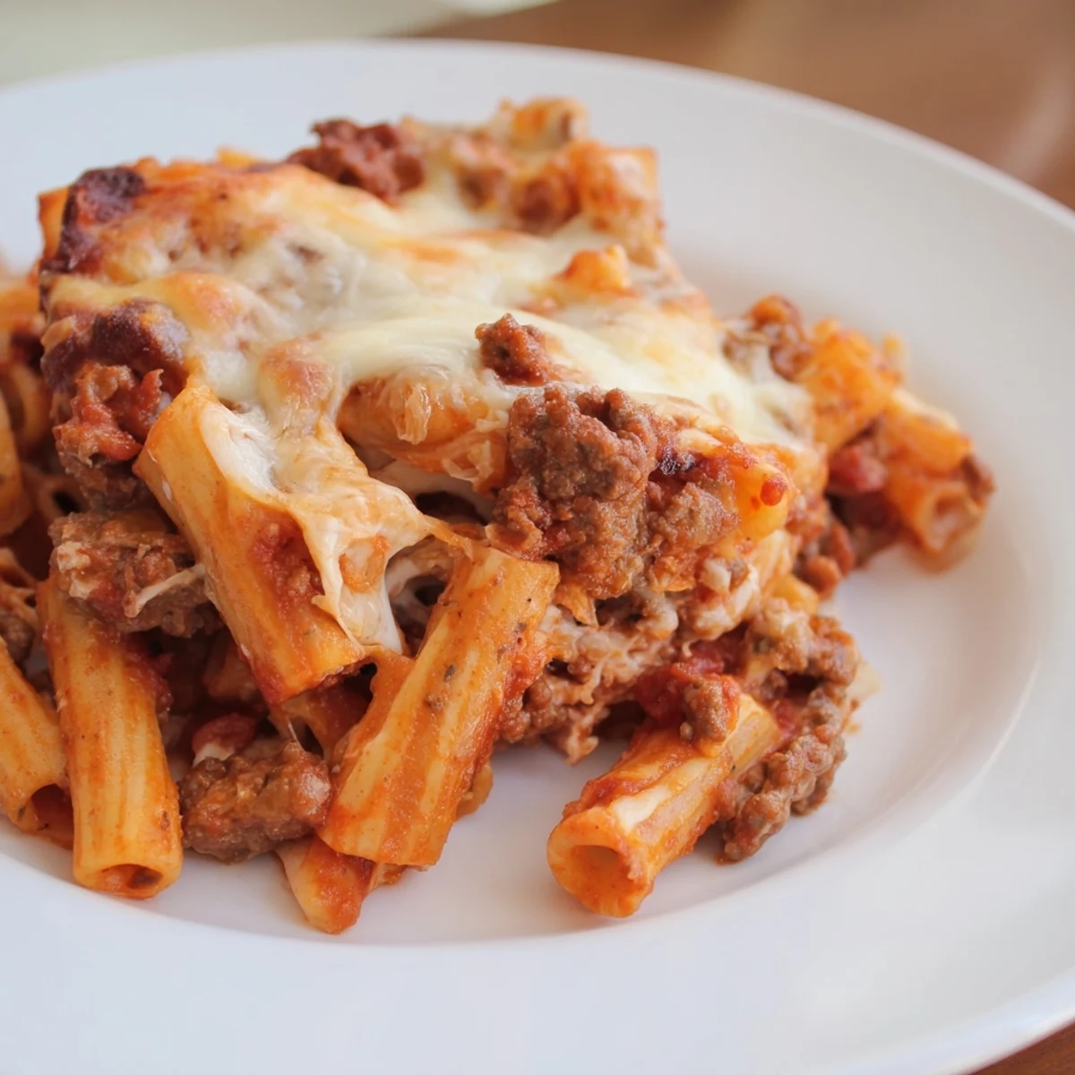 Creamy baked ziti with meat sauce topped with melted cheese, perfect for family dinners.  