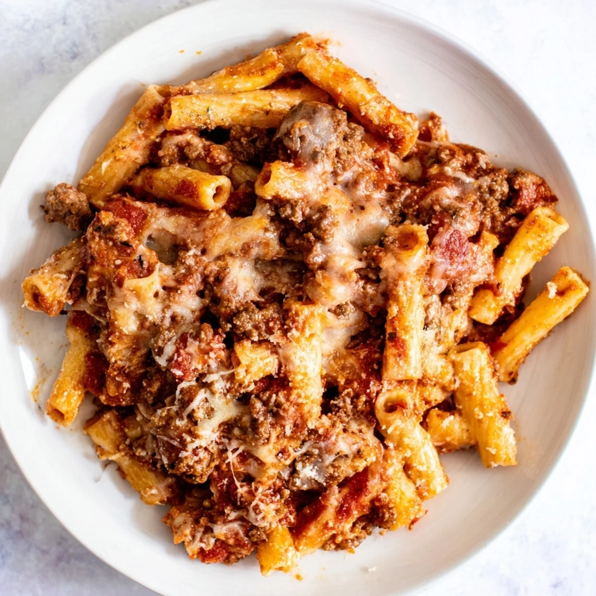 A delicious serving of baked ziti with meat sauce, bubbling cheese, and rich flavors.  