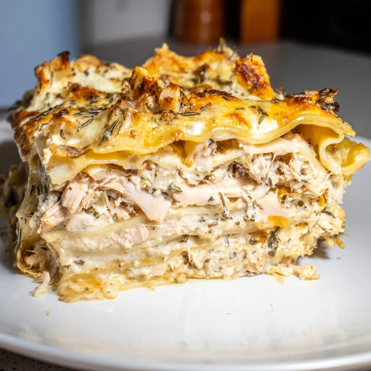 Steaming, fragrant Rosemary Chicken Lasagna overflowing with melted mozzarella cheese and golden crust.