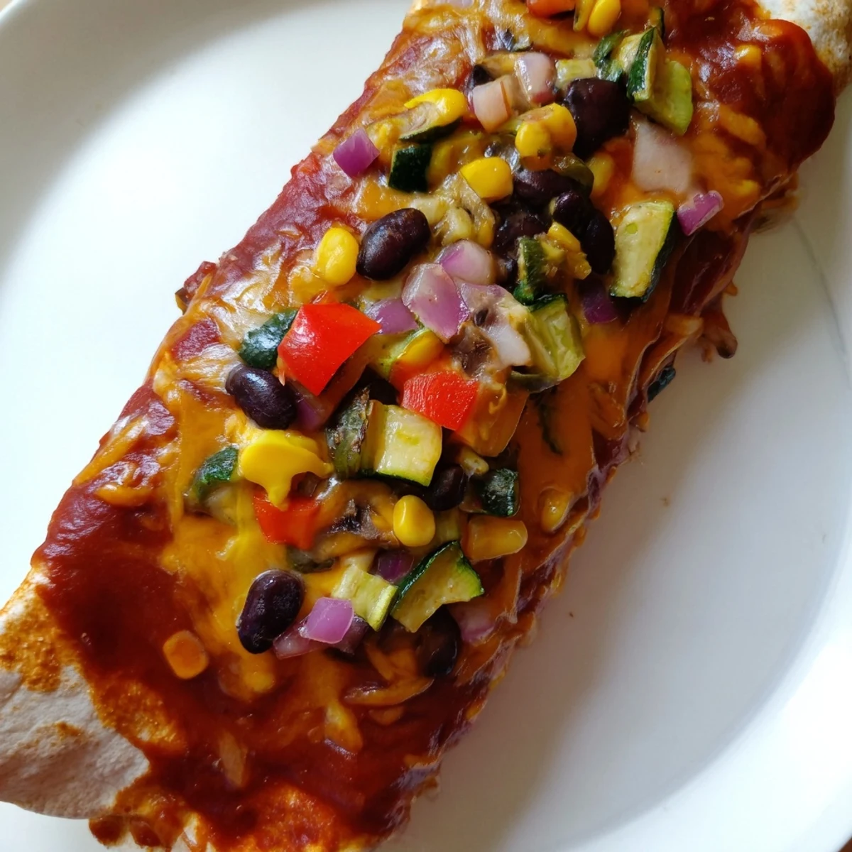 Delicious cheesy Farmers Market Vegetarian Enchiladas, baked and ready to serve with fresh cilantro garnish.