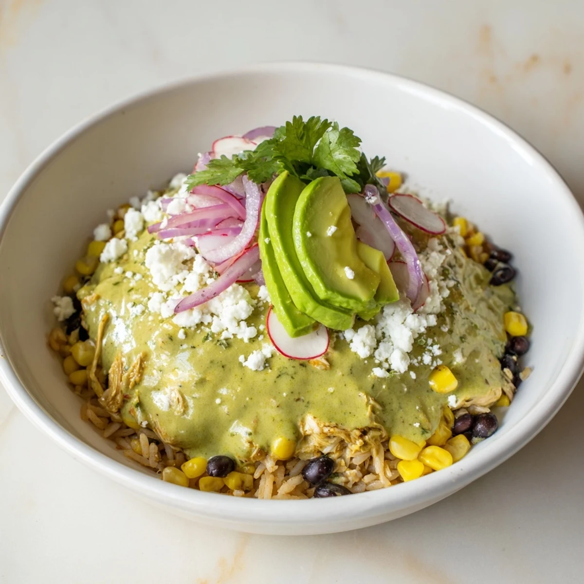 A close-up of a delicious Green Enchilada Rice Bowl, featuring savory chicken and colorful toppings, perfect for lunch.