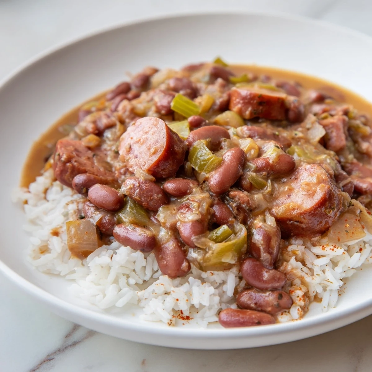 Steaming bowl of Red Beans & Rice, a Creole classic, served with fresh green onion garnish.