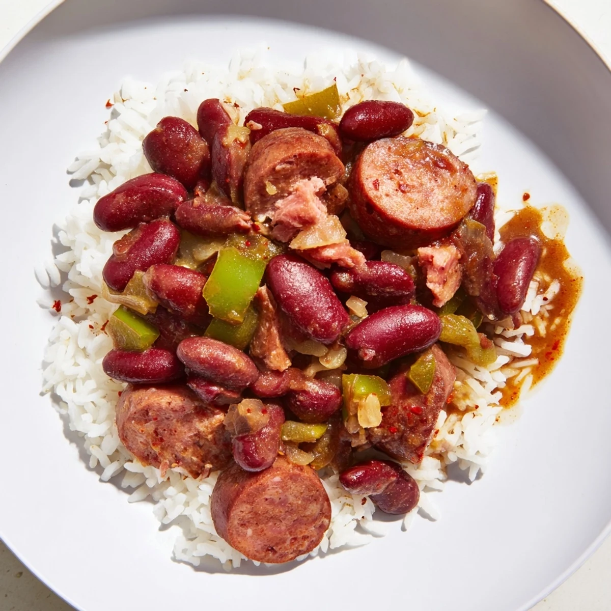 A close-up of hearty Red Beans & Rice, a flavorful Southern comfort food, ready to eat.