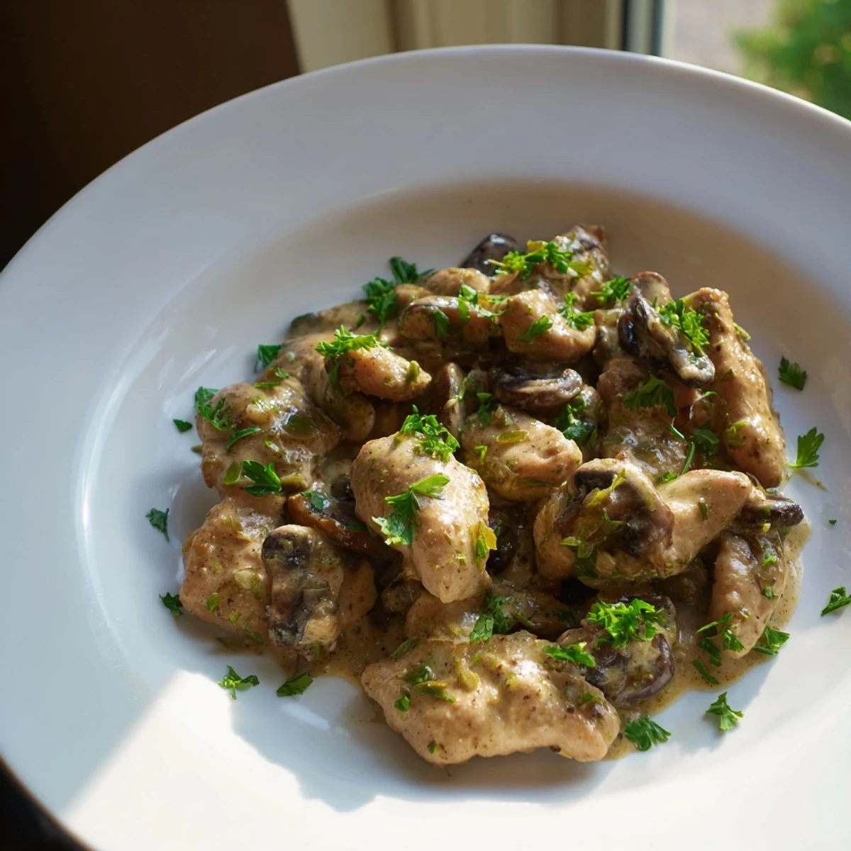 Creamy Chicken Stroganoff, with rich, mushroom-infused sauce and tender chicken, ready to enjoy over noodles.